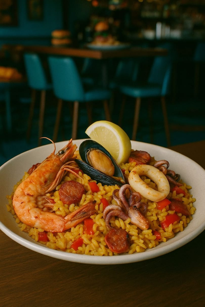 Papi's Restaurant and Lounge's seafood paella with shrimp, mussels, squid, chorizo, and lemon.