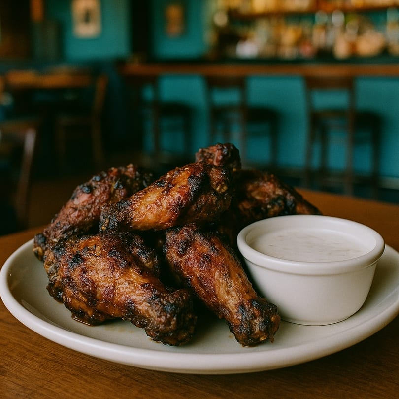 Papi's Restaurant and Lounge's grilled chicken wings with dipping sauce on a wooden table.